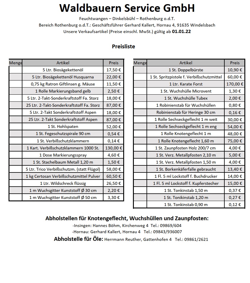 WBS Preisliste ab 01.01.2022